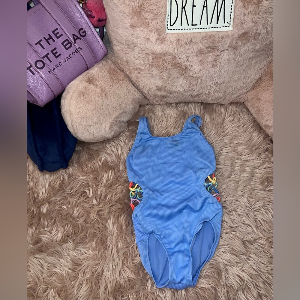 Art Class (Target) Girls One Piece Periwinkle Rainbow Lattice Swimsuit, Sz M 7/8